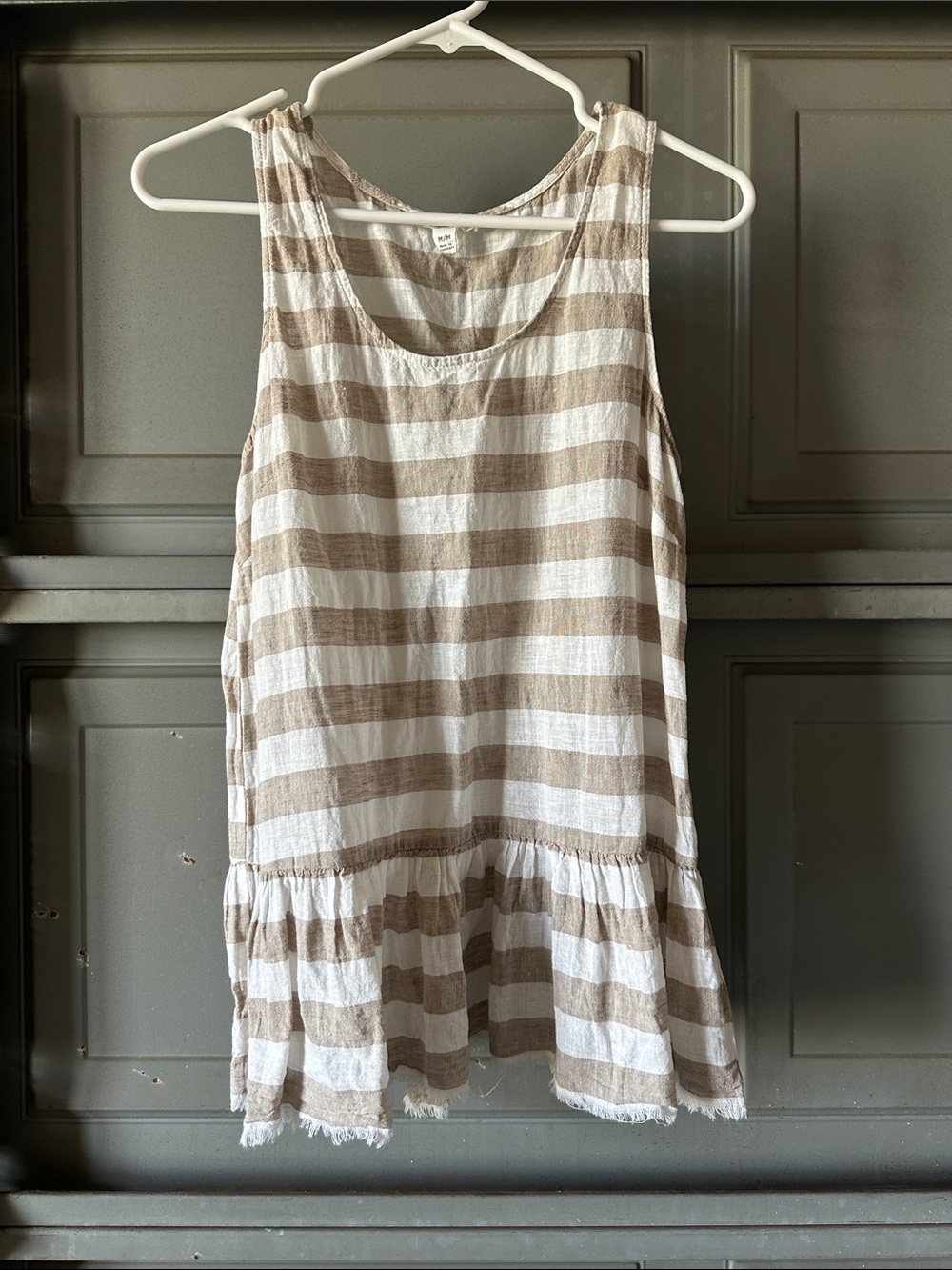 beachlunchlounge Sleeveless Striped Peplum Top in White and Tan medium